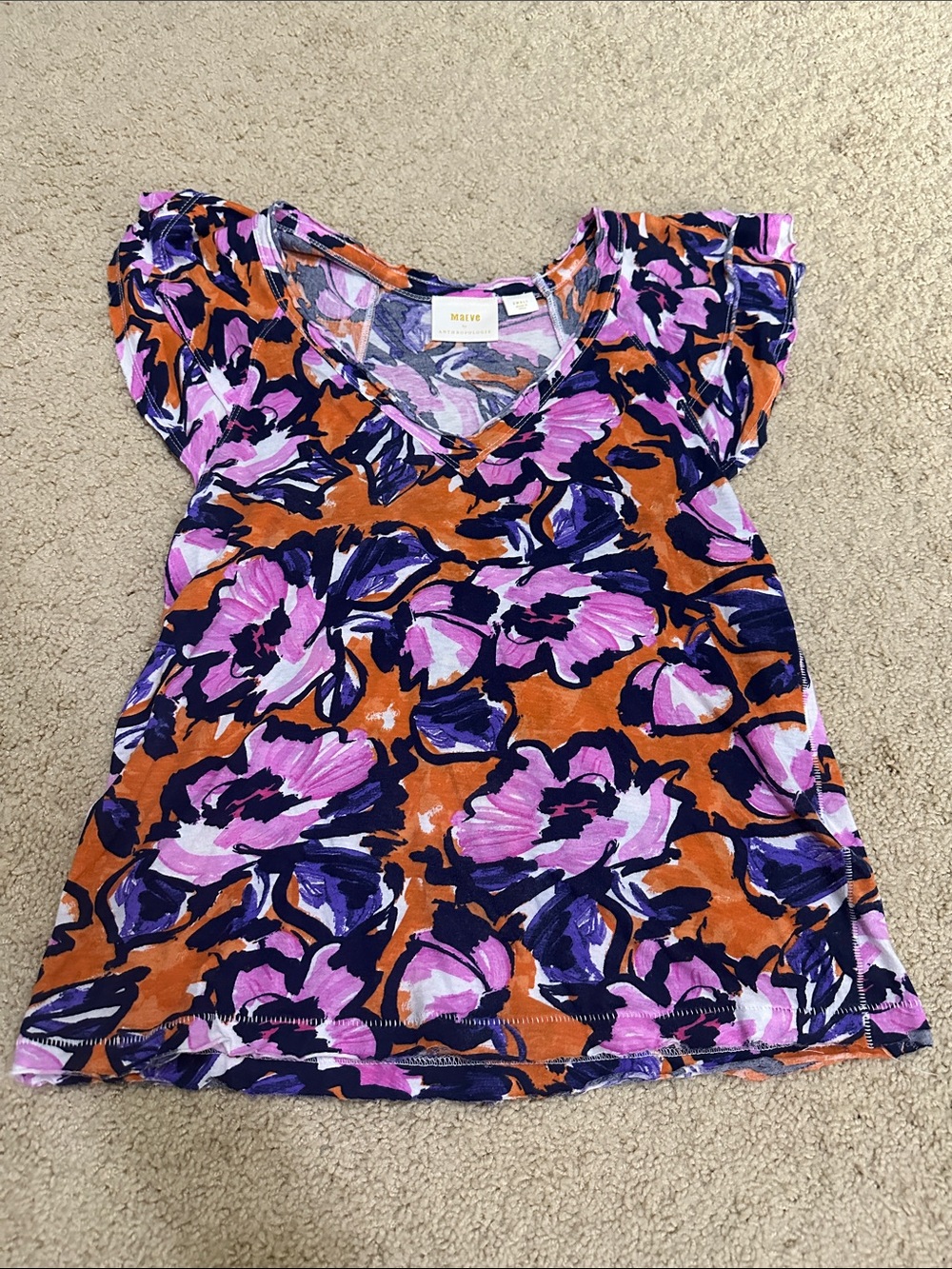 Maeve by Anthropologie Carie Tee Floral V-Neck Top Orange w/ Pink & Navy Blooms - Picture 2 of 12